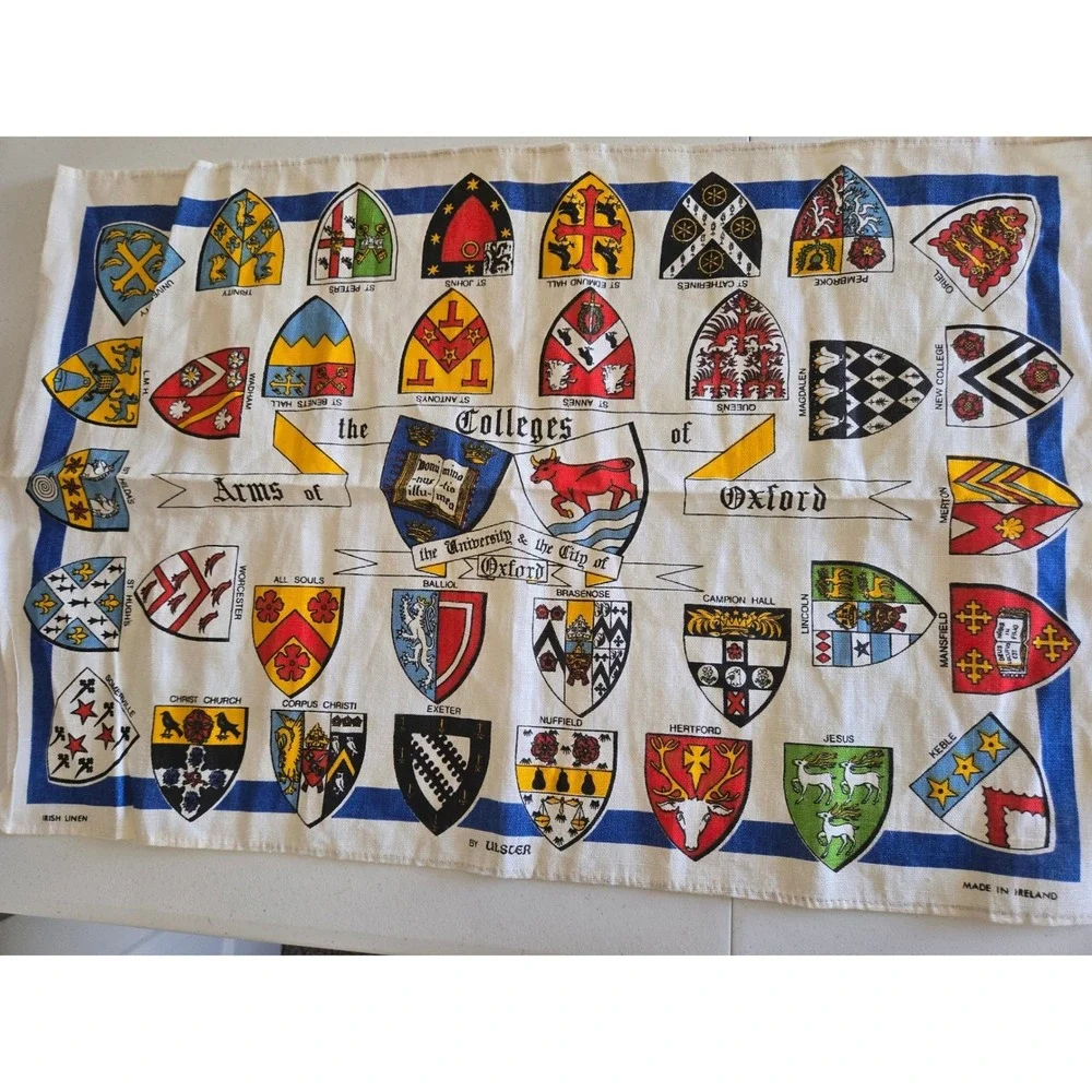 Ulster Vintage Irish Linen Tea Towel Arms of the Colleges of Oxford Ireland Made
